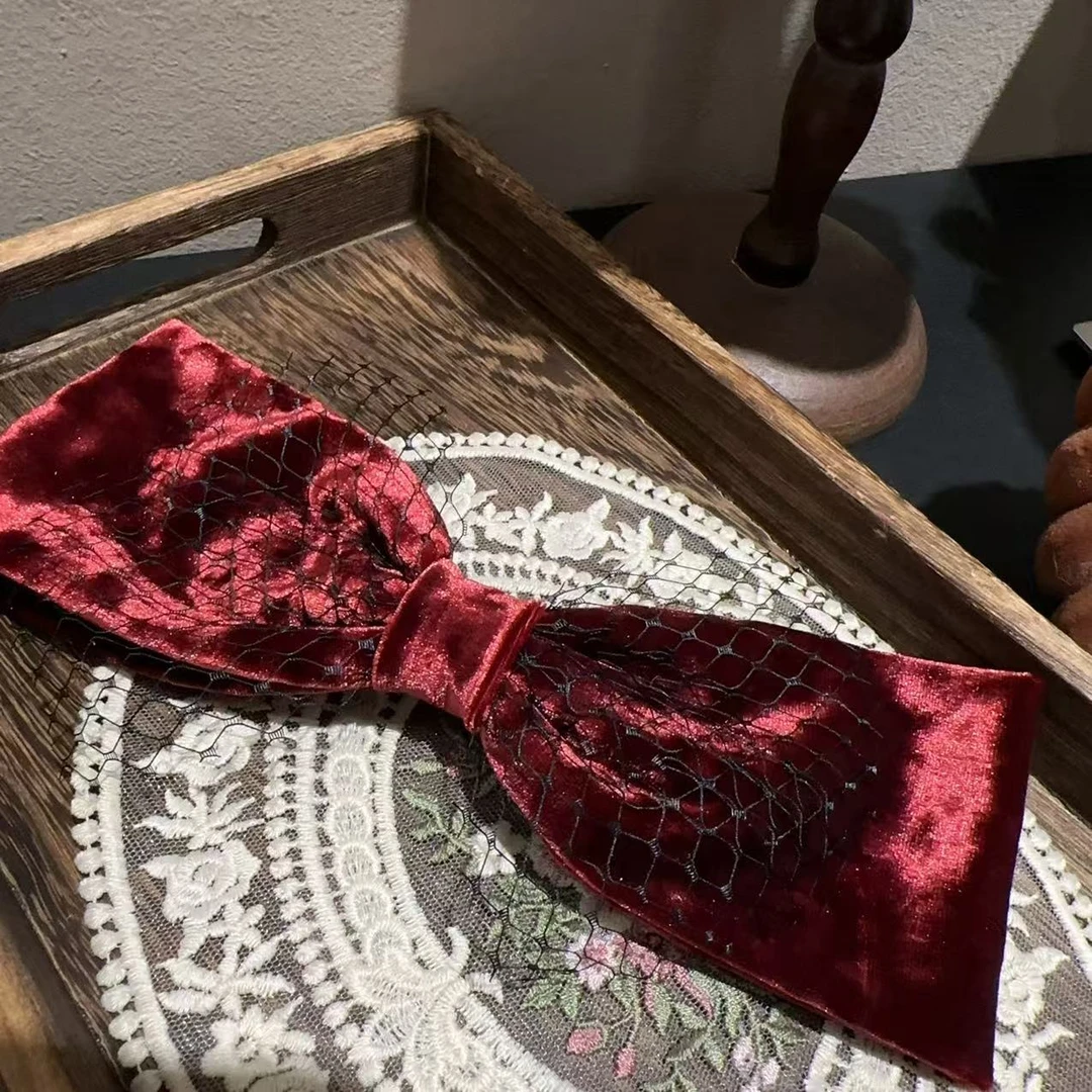 韩国丝绒大蝴蝶结蕾丝弹簧夹发夹Y9711