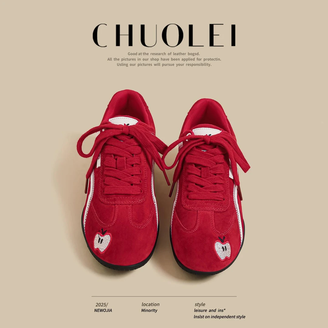 红色德训鞋女2025夏季新款平底百搭网球训练内增高阿甘运动老爹鞋