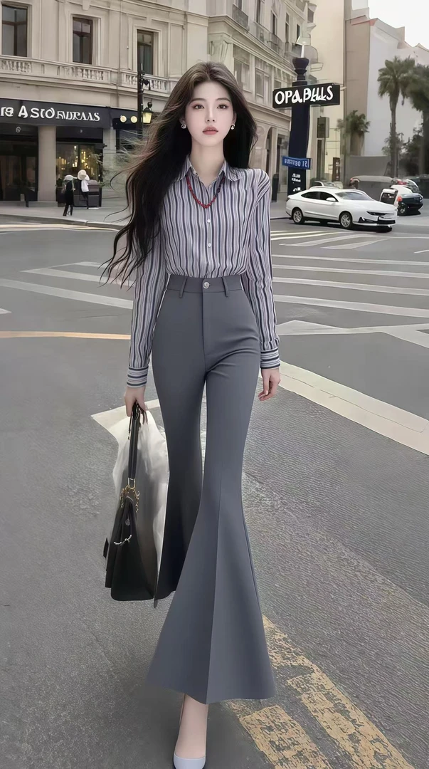 轻奢时尚高端大气通勤风条纹长袖衬衫上衣+灰色休闲长裤女两件套