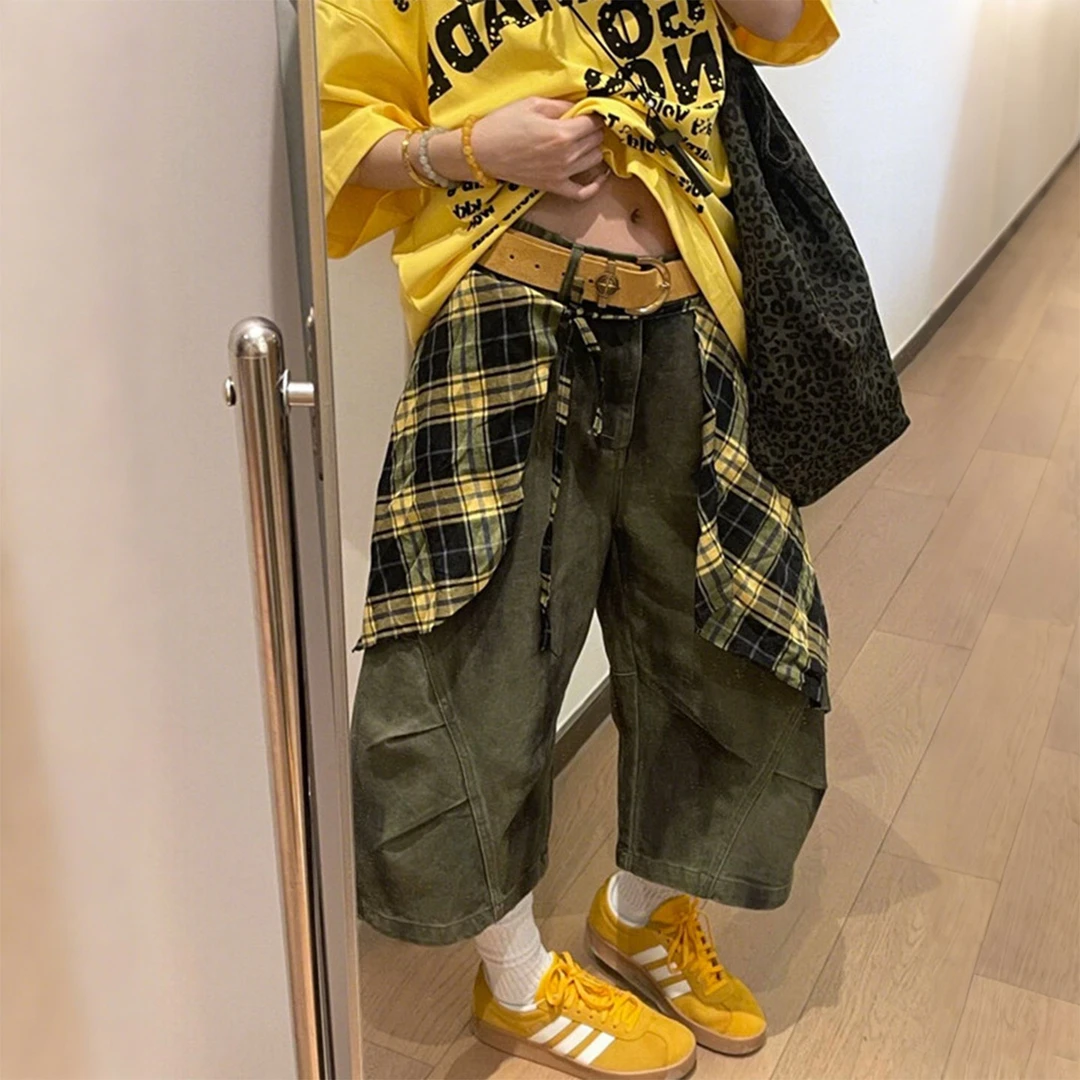 潮碧梵300斤大码复古设计感七分牛仔裤女胖mm高腰显瘦遮肉阔腿裤