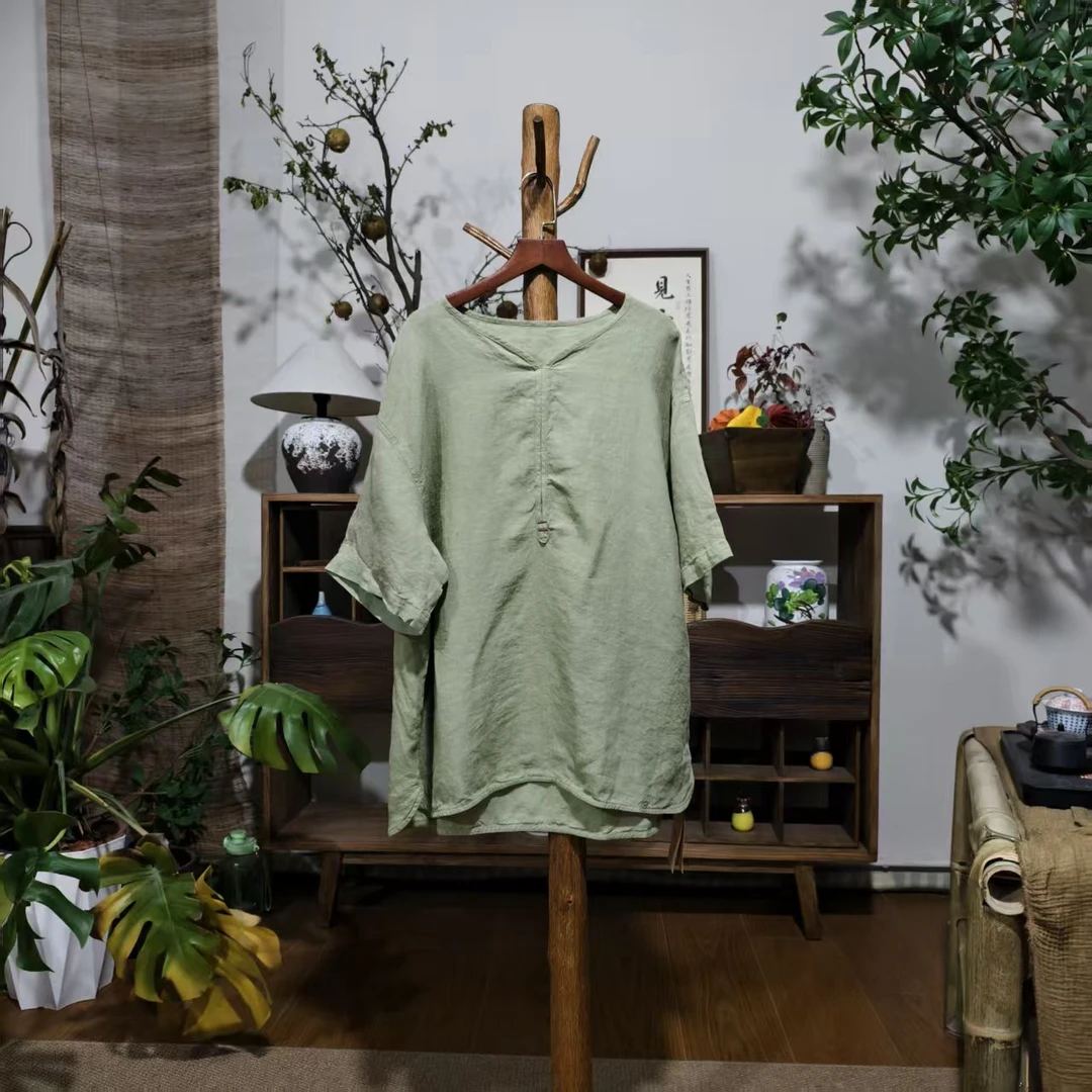 【大梅子推荐】设计款亚麻V领上衣MQ7186
