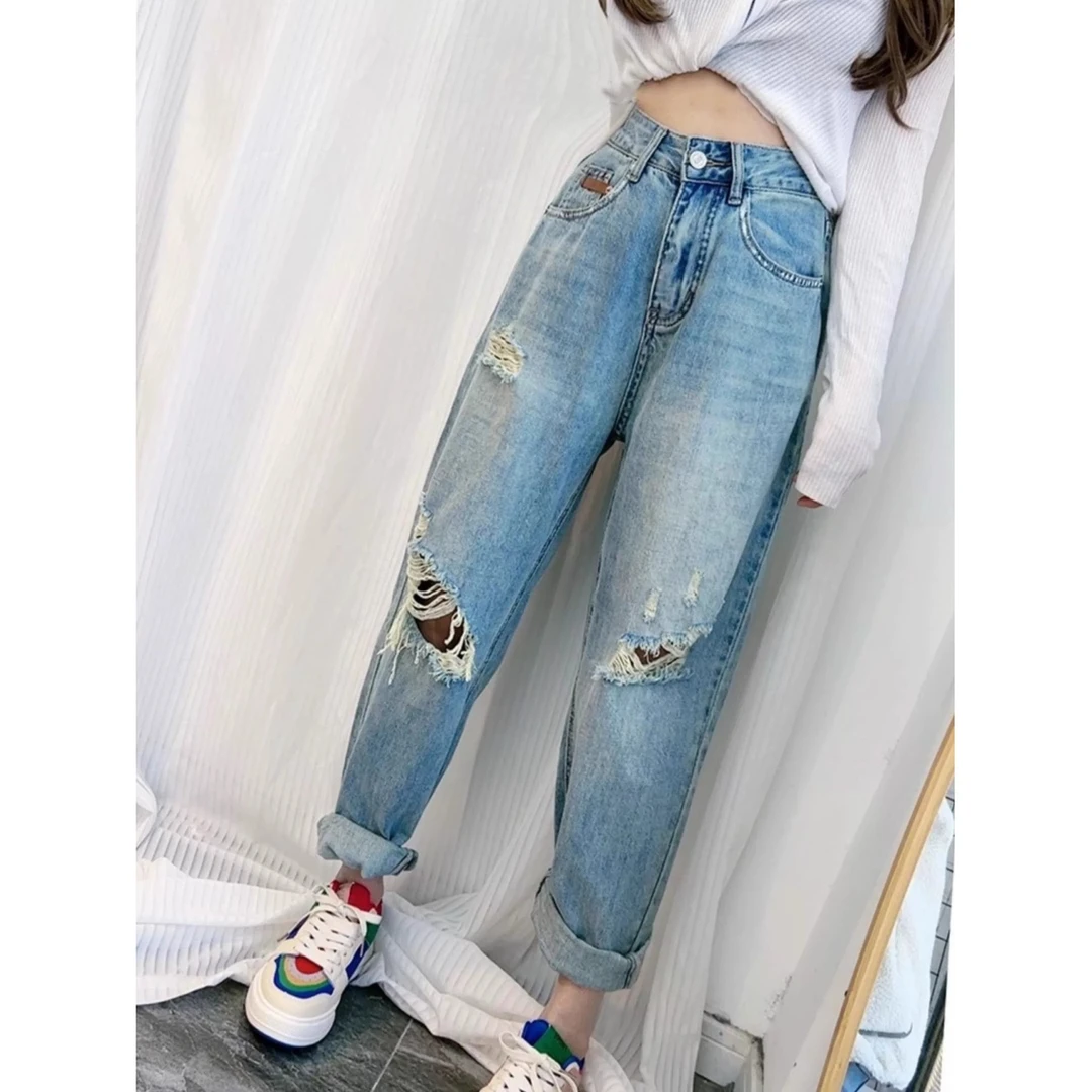 高腰破洞牛仔裤女夏季薄款大码胖梨形身材宽松显瘦哈伦九分裤睡衣