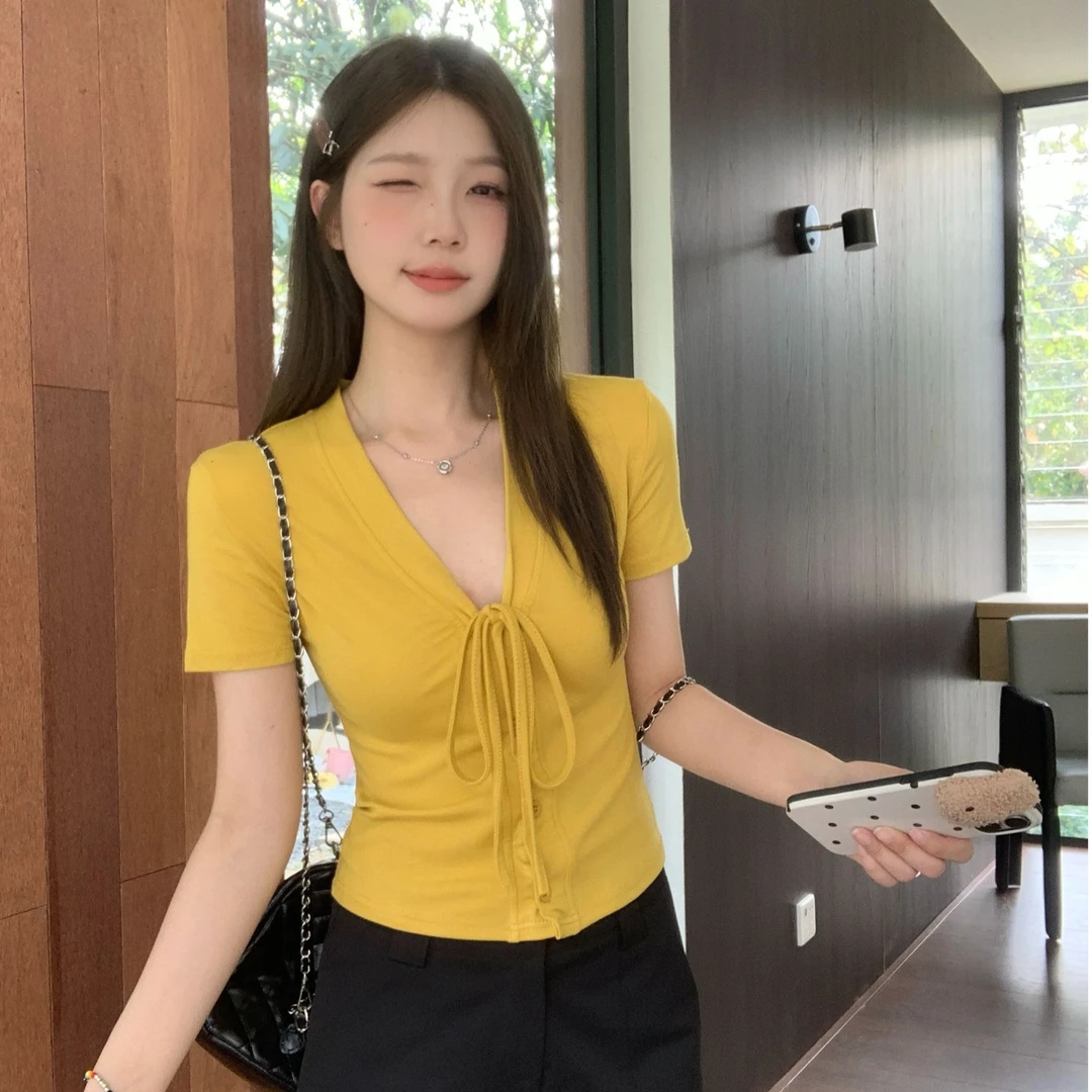 5091 大码胖MM纯欲风系带显瘦短袖上衣