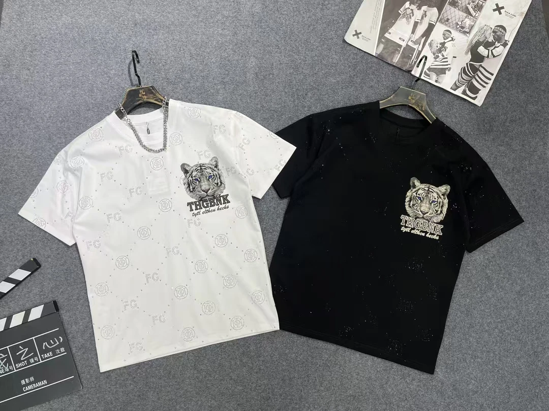 11913潮牌重工烫钻老虎半袖重工满钻短袖黑色圆领时尚情侣套装