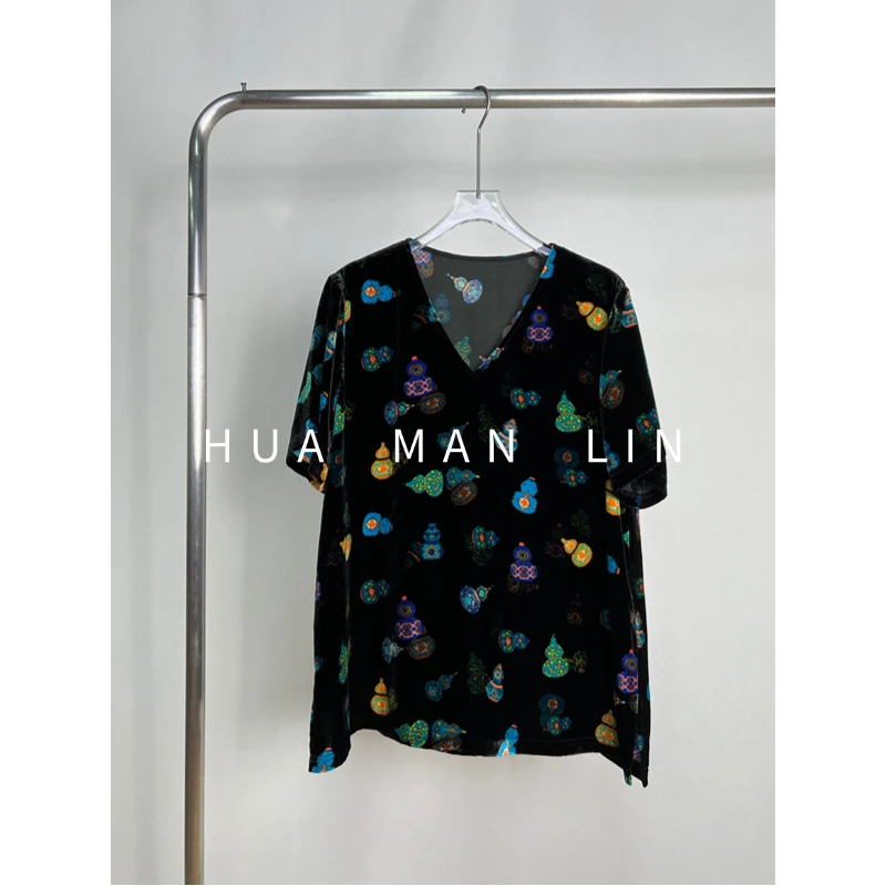 【花满林】V领葫芦真丝桑蚕丝丝绒阔版上衣259766