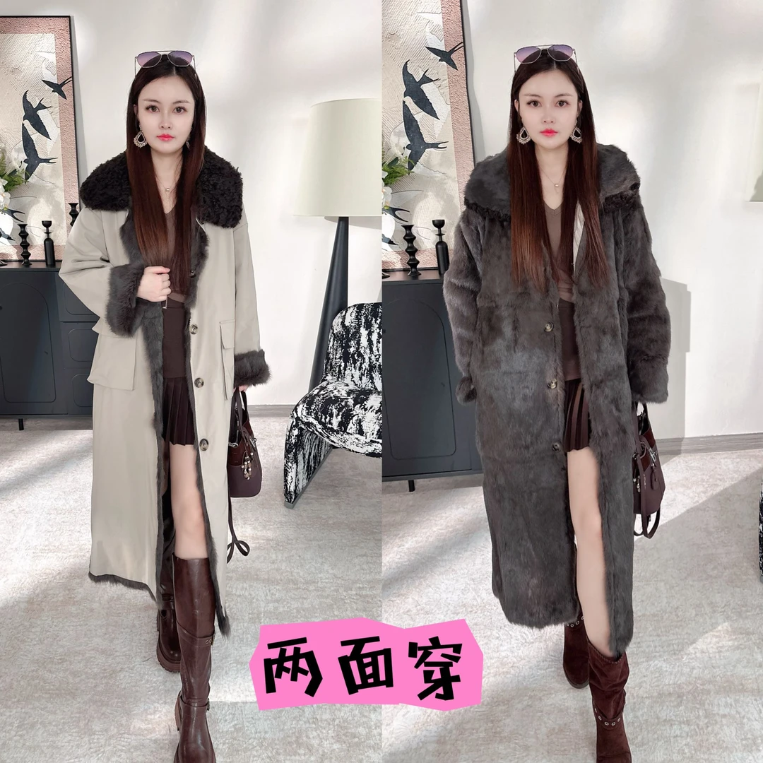 长款秋冬收口袖纯色女拼接派克服宽松保暖女士休闲兔毛皮草外套冬