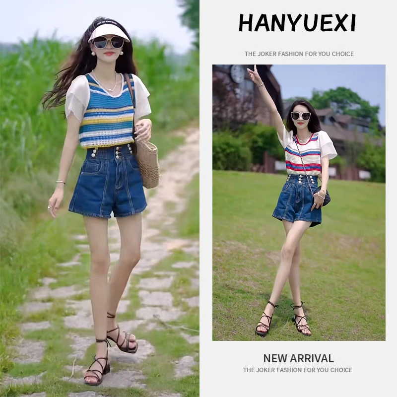 今年流行穿搭一整套2025新款减龄针织拼接上衣休闲牛仔短裤两件套
