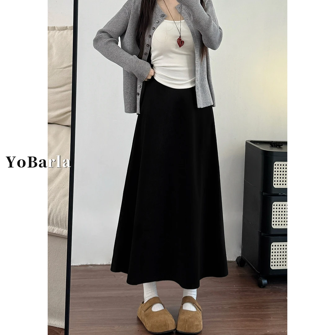 黑色毛呢半身裙女秋季新款梨型身材胖mm大码高腰显瘦中长款A字裙