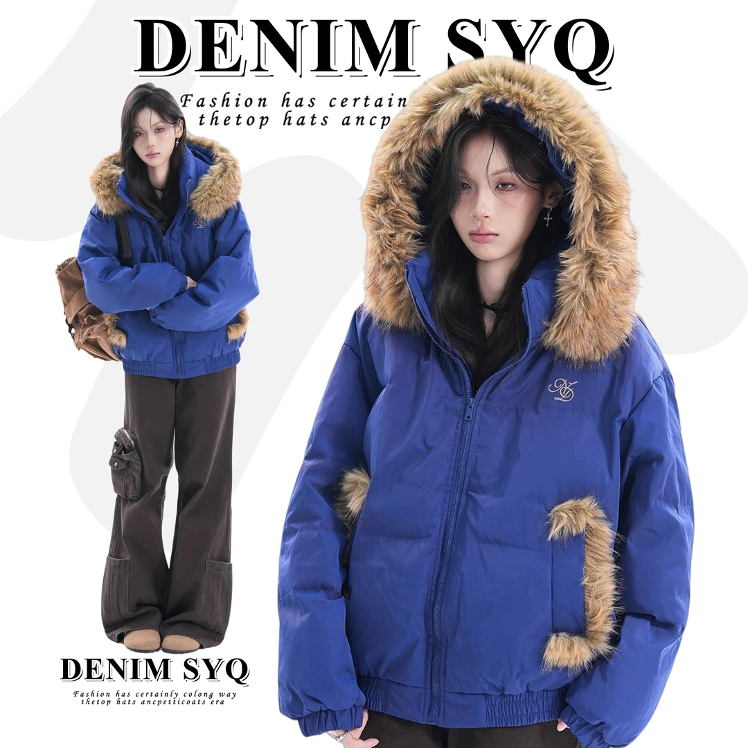 韩系新款蓝色毛领连帽棉服外套女冬季新款高级感加厚保暖面包服