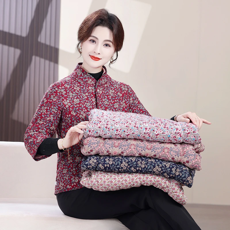 夏季女装棉衣加绒加厚妈妈装时尚外套棉服中老年女装碎花上衣