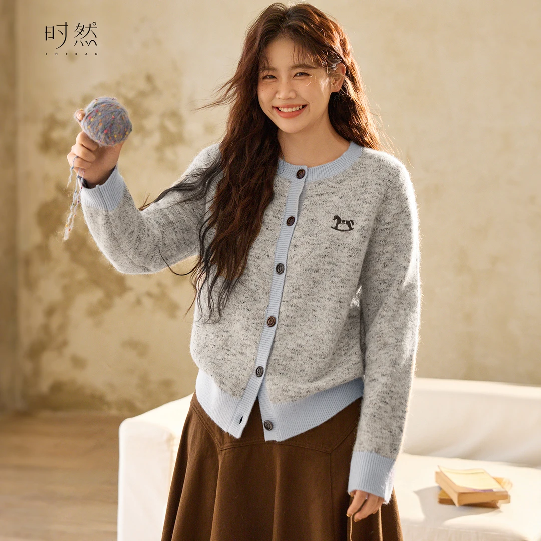 时然【雾蓝纱语】微胖大码女装韩系简约圆领百搭宽松显瘦撞色针织衫