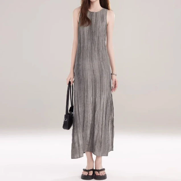 复古扎染灰色夏季连衣裙女慵懒别致宽松无袖显瘦背心中长裙子