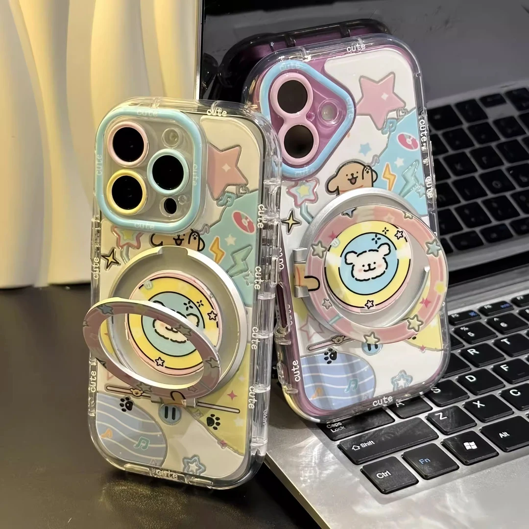 适用iPhone16/15promax音乐小狗旋转支架手机壳小米15/14新款华为