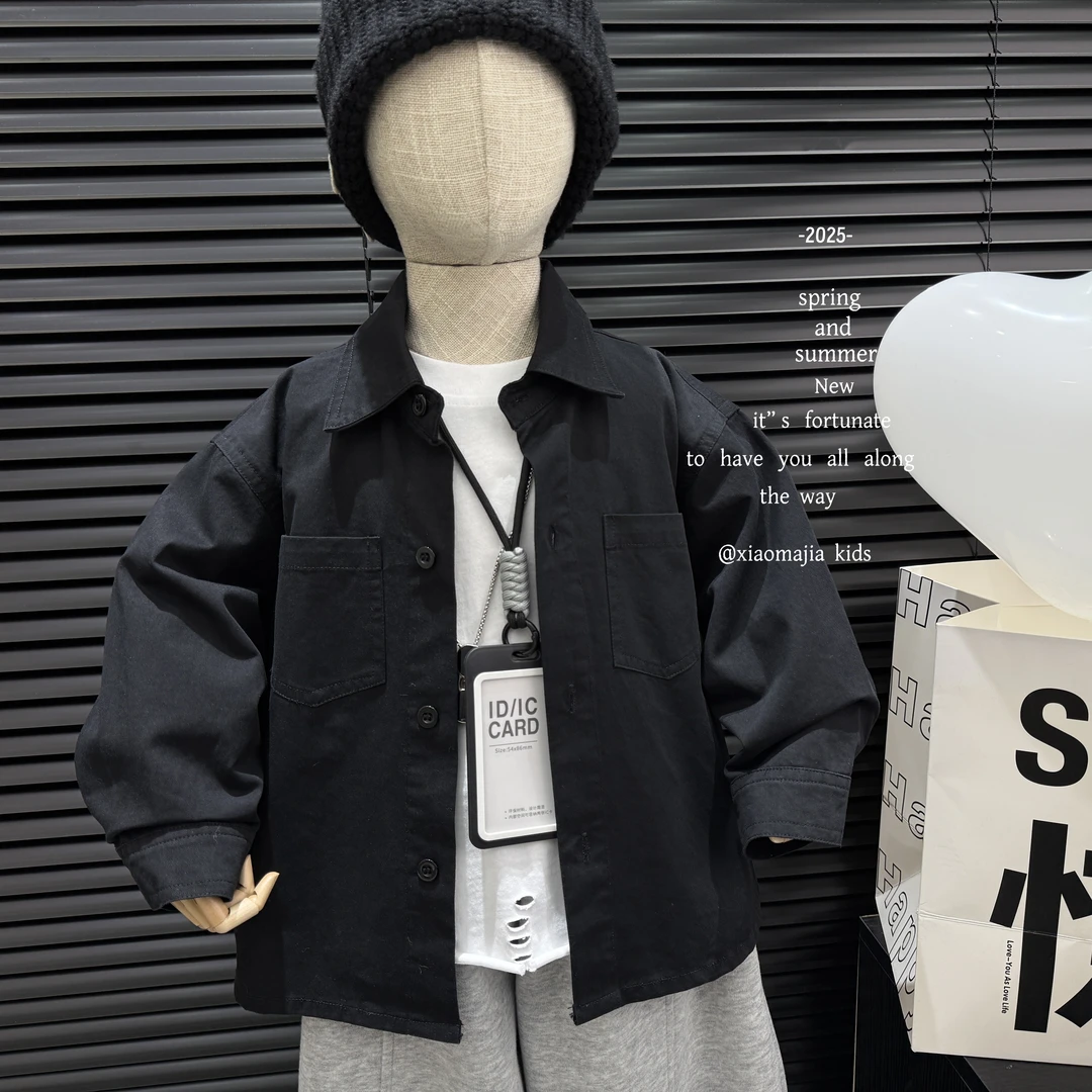 儿童春季长袖衬衫D-5097黑色时尚休闲韩版潮流男童衬衫女童上衣