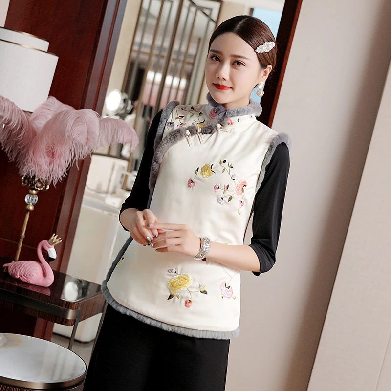 秋季加绒秋冬中式上衣复古立领女常规款马夹女装日常套装刺绣