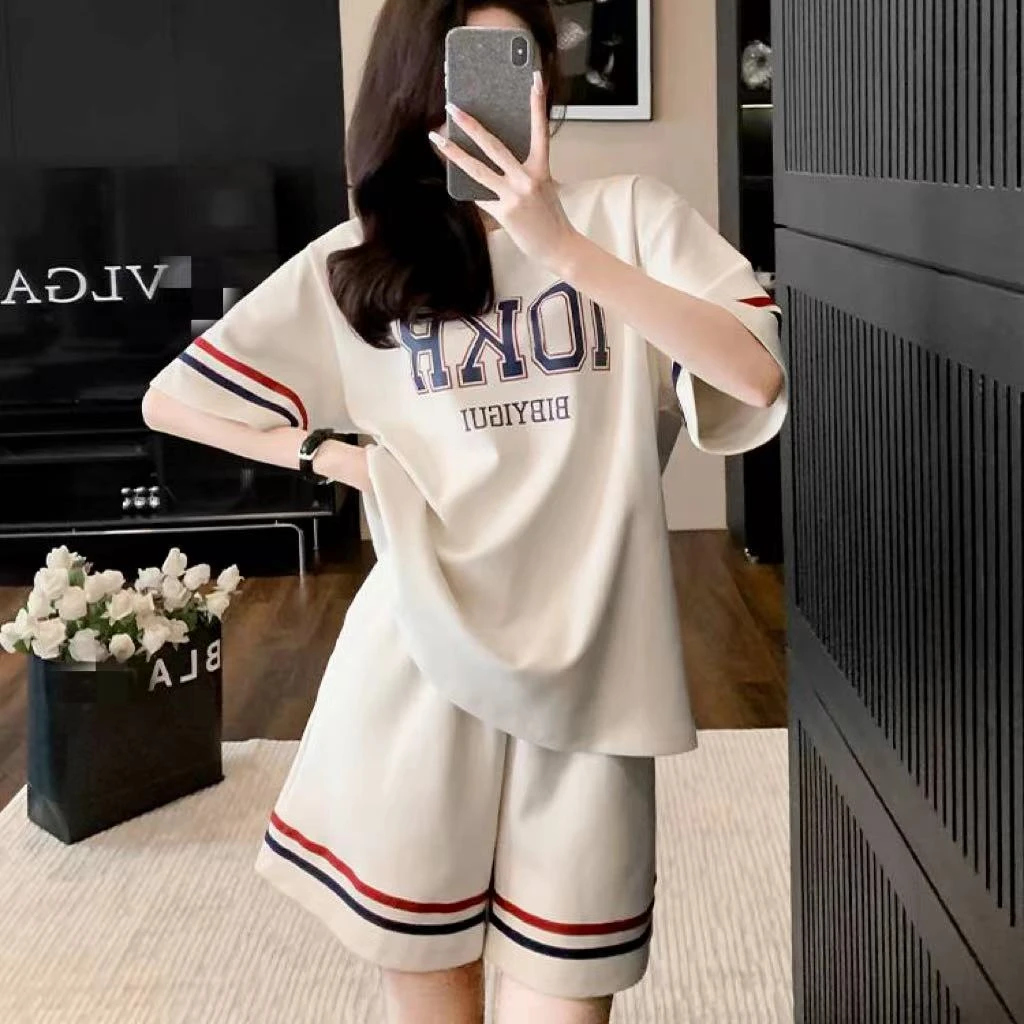 【粉丝专属】2件套夏季女短袖短裤宽松圆领休闲印花套装女韩版239