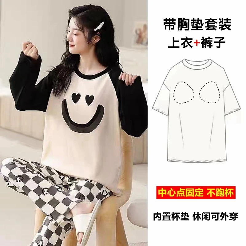 爆款韩版秋冬季睡衣女仿棉套头圆领长袖长裤固定胸垫家居服可外穿