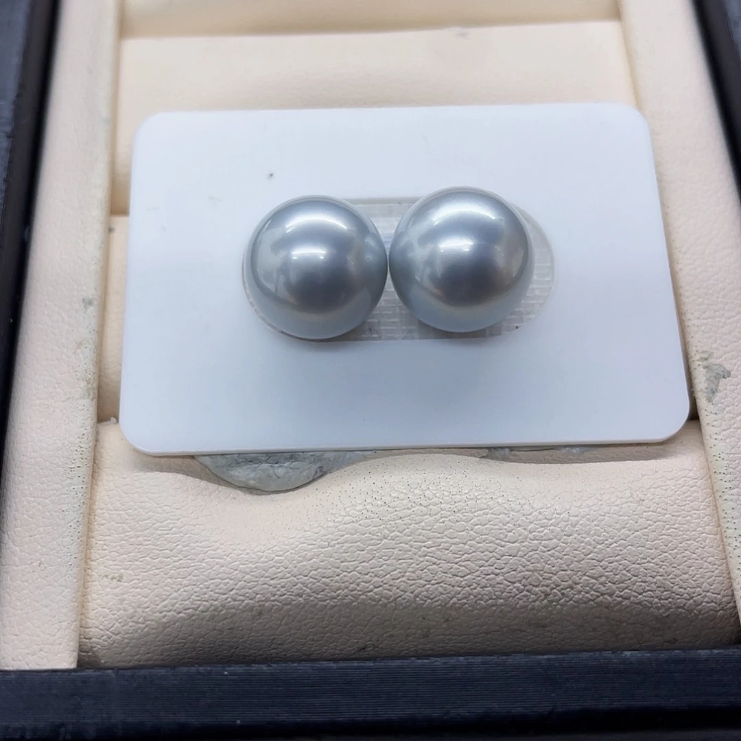 海水珍珠裸珠正圆铂金灰雾霾灰蓝对珠12-13mm
