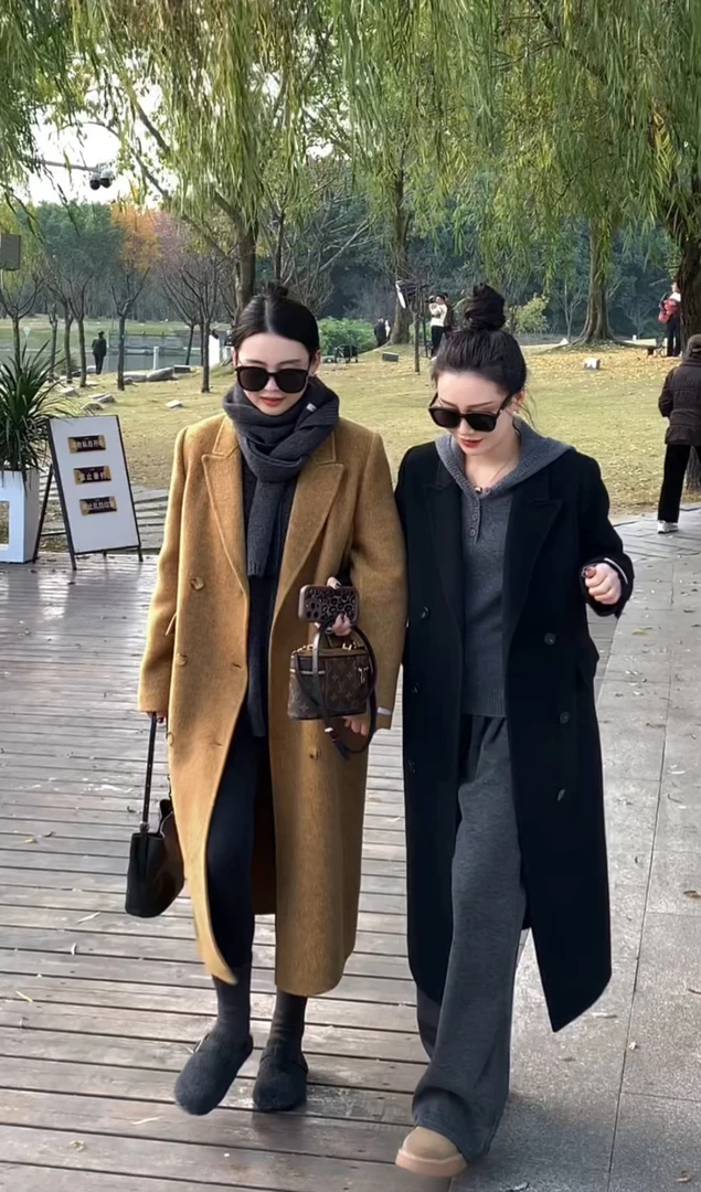 韩版宽松经典简约中长款过膝黑色短毛双面羊毛手工大衣