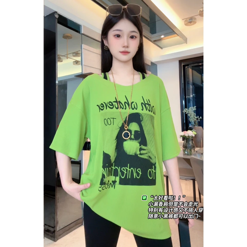 夏季新款双肩镂空显瘦女T恤短袖重工印花设计感休闲宽松韩版时尚