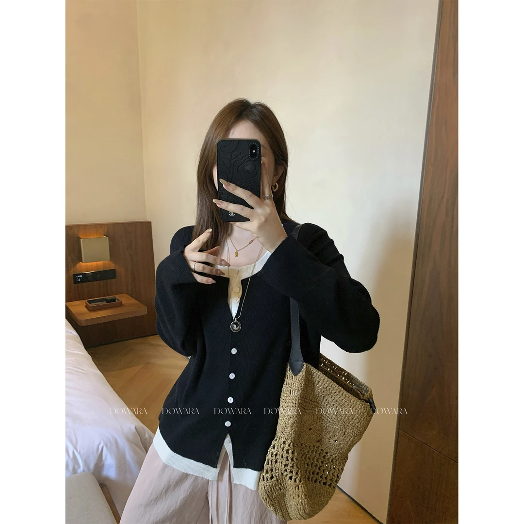 现货大婉酱微胖定制【双色素影】设计绵羊毛假两件毛织上衣秋 8867D