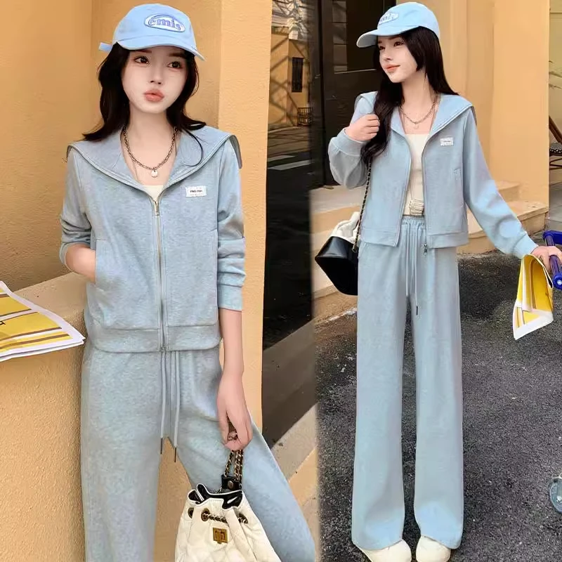 时尚休闲套装女2025春季新款洋气显瘦减龄海军领卫衣阔腿裤两件套