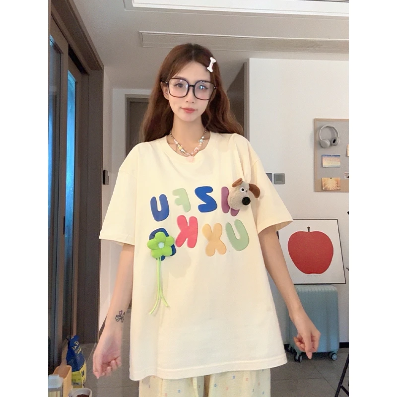 夏季设计感立体小狗纯棉短袖情侣宽松百搭小众圆领上衣#T010525