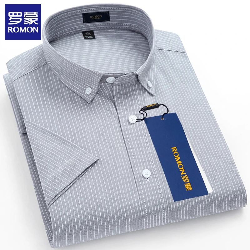 罗蒙纯棉条纹休闲短袖衬衫2025夏季新款免烫抗皱亲肤透气纯色衬衣