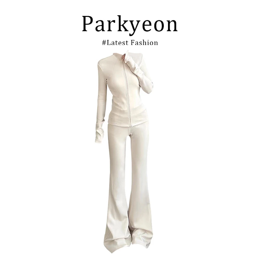 parkyeon韩系早秋季极简运动风立领气质修身上衣微喇长裤子两件套