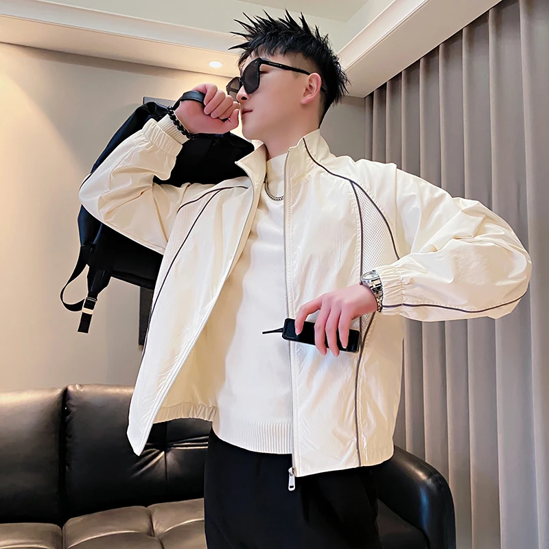 白色条纹夹克男士春秋款2025新款爆款立领外套男装潮牌休闲上衣服
