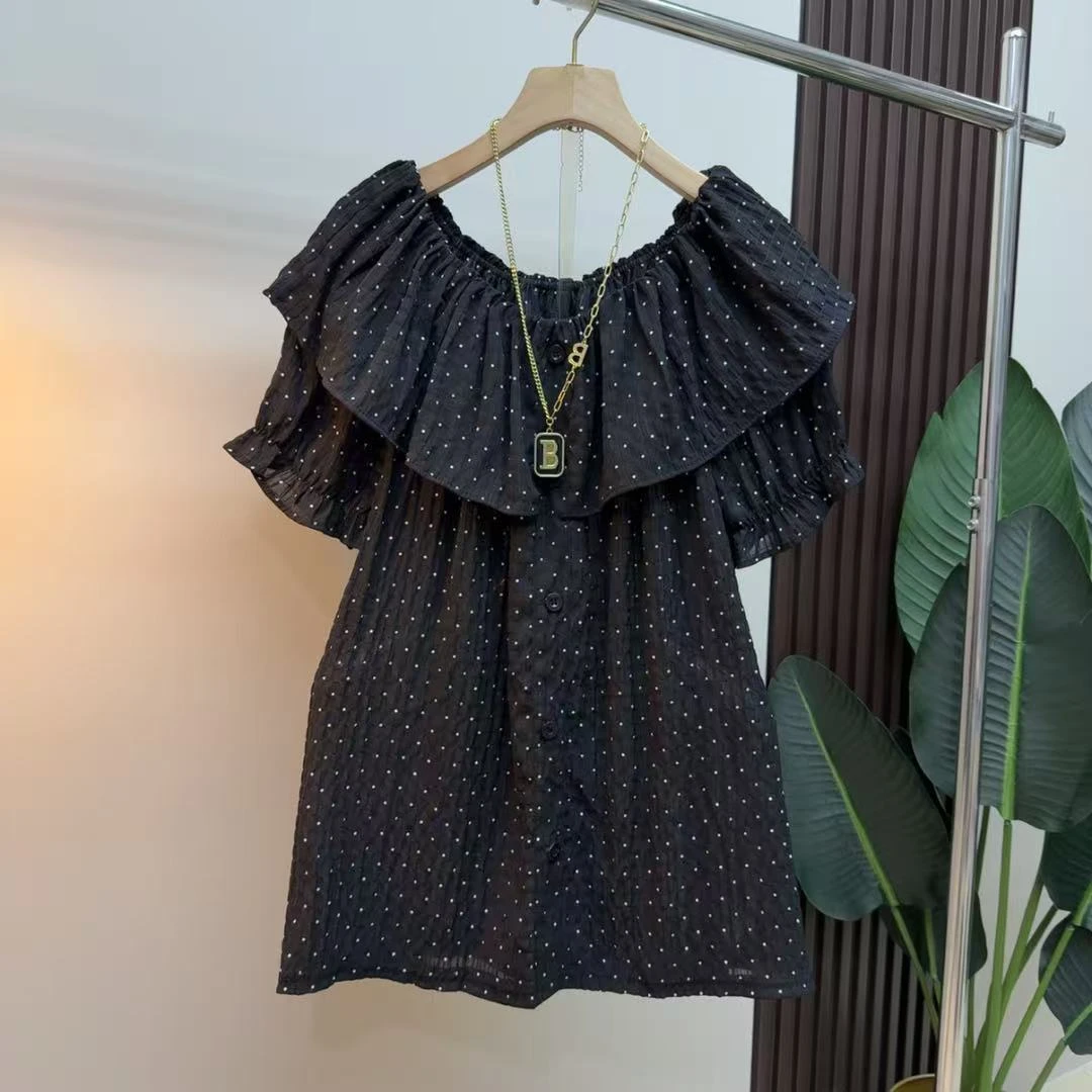 胖mm时尚气质显瘦波点韩版百搭宽松797圆领荷叶边洋气半袖