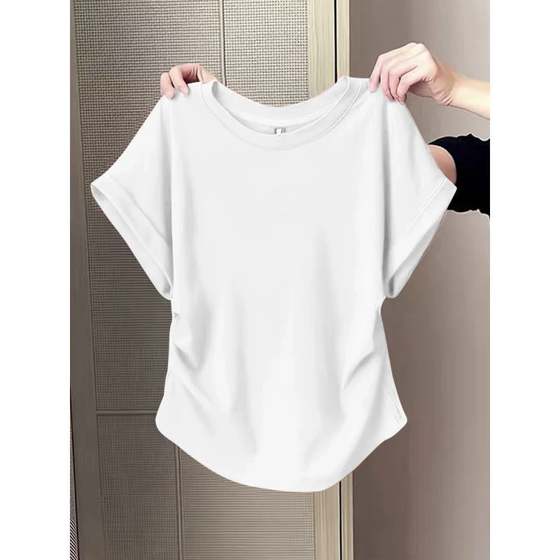 外贸专供梨形微胖MM女装短袖T恤女士修身显瘦遮肉百搭小众设计感