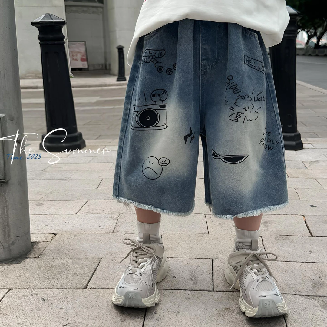 麦哟哟男童夏季牛仔短裤直筒休闲宽松潮流韩版印花薄款潮酷帅气