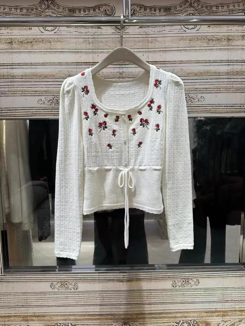 花颜毛针织衫短款蕾丝绣花衬衫春季白色长袖小香风