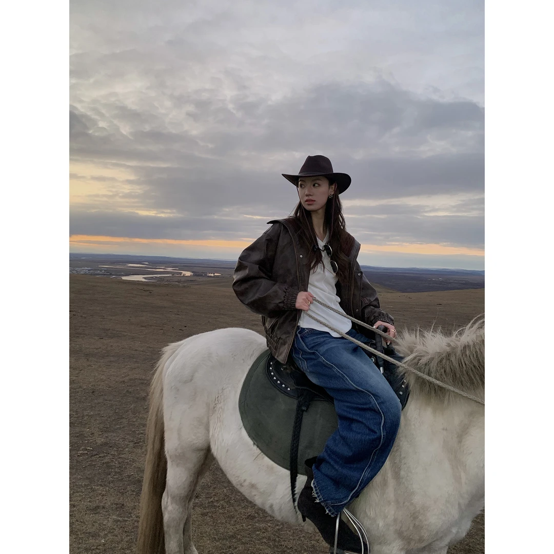 Gakee【舒适区】秋季复古阔腿设计感显瘦深蓝色牛仔裤H38594GK54