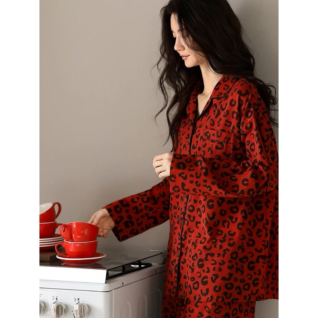 红色豹纹翻领开衫简约高级感长袖睡衣女本命年新款新婚结婚家居服