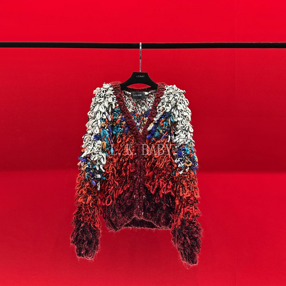 【L.K.BABY】多姿多彩 时髦复古彩色渐变手工编织流苏针织开衫外套