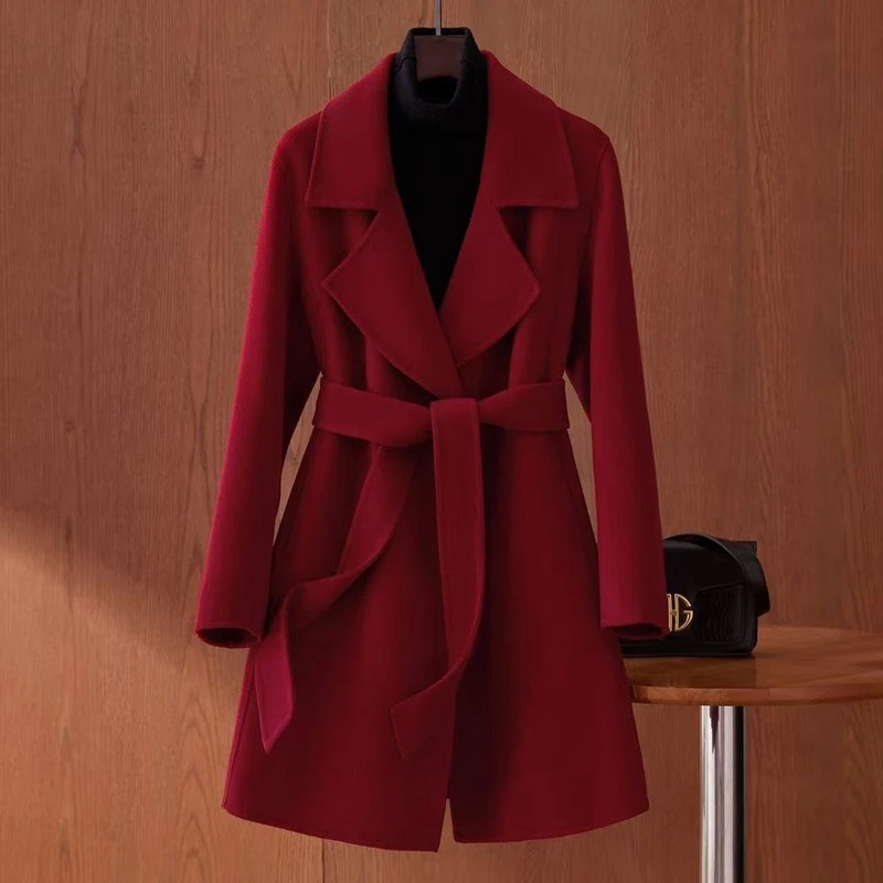 毛呢外套女款流行赫本风黑色呢子大衣双面季新款小个子加厚红色女