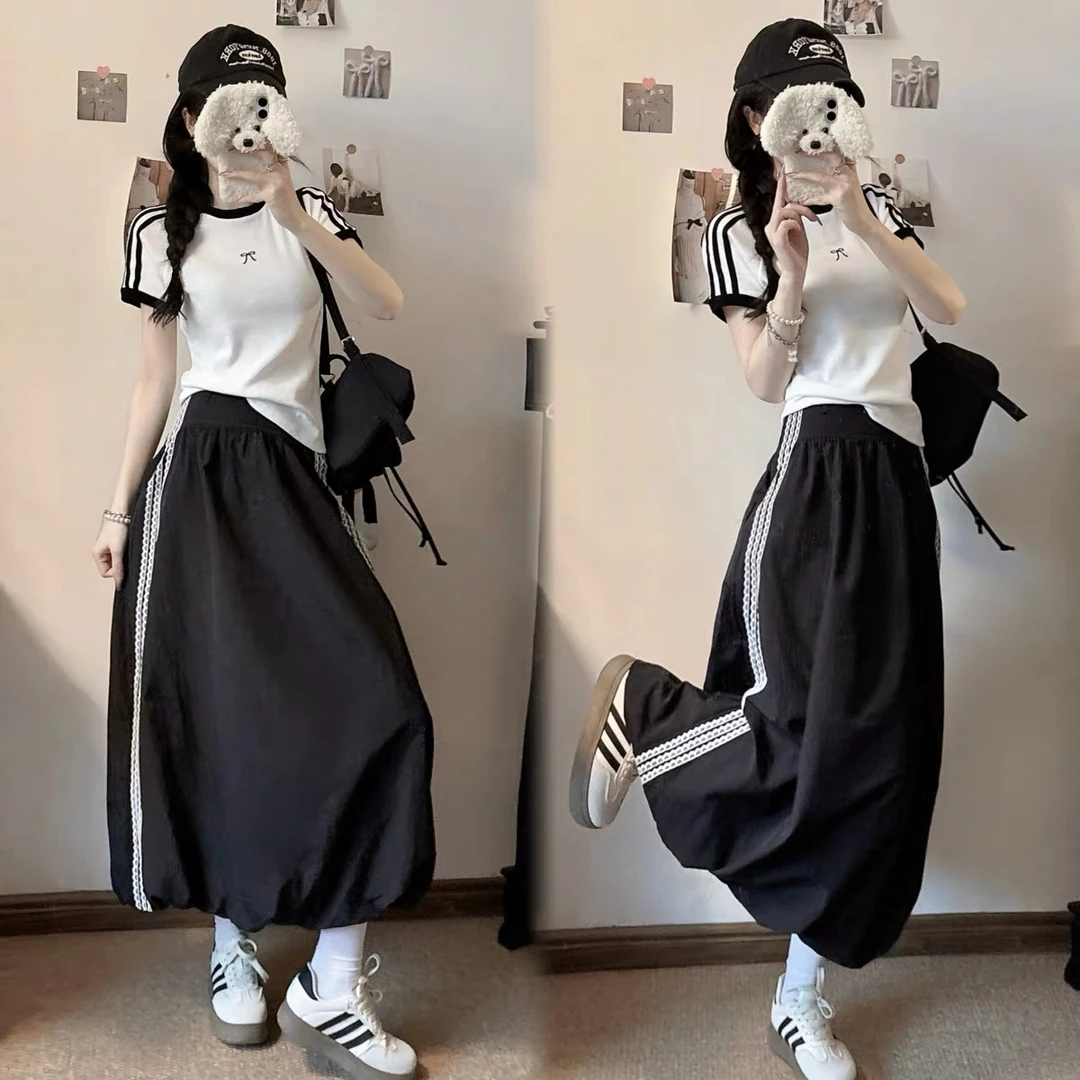 胖MM运动风休闲套装女2025新款夏季大码修身显瘦上衣半身裙两件套