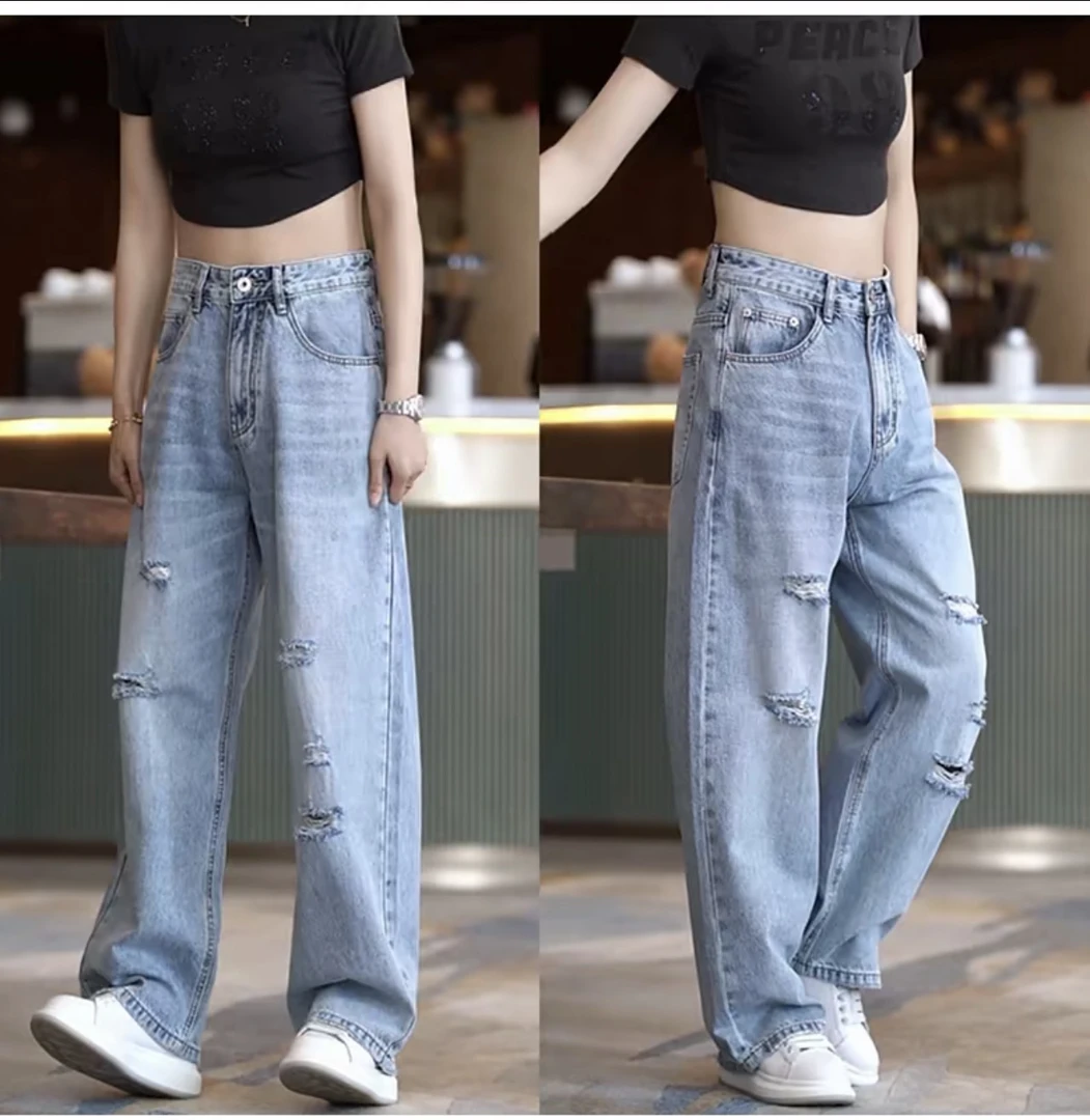 美式复古轻奢大牛高街潮流阔腿重工水洗高街做旧百搭痞帅牛仔裤男