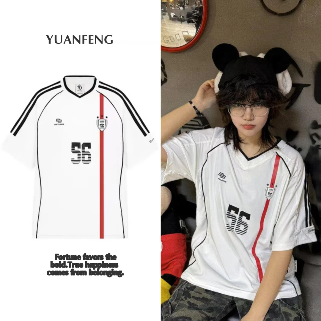 YUANFENG美式潮流v领撞色短袖T恤男女夏季运动球衣情侣速干运动衣