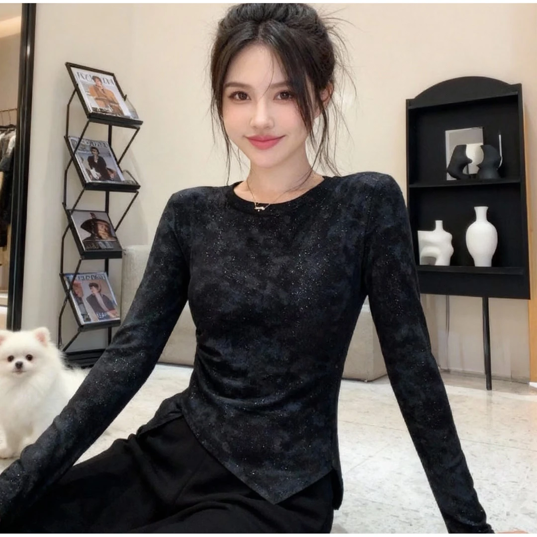 秋冬新款大码加厚韩式风格设计感圆领修身长袖徳绒女装不规则开叉