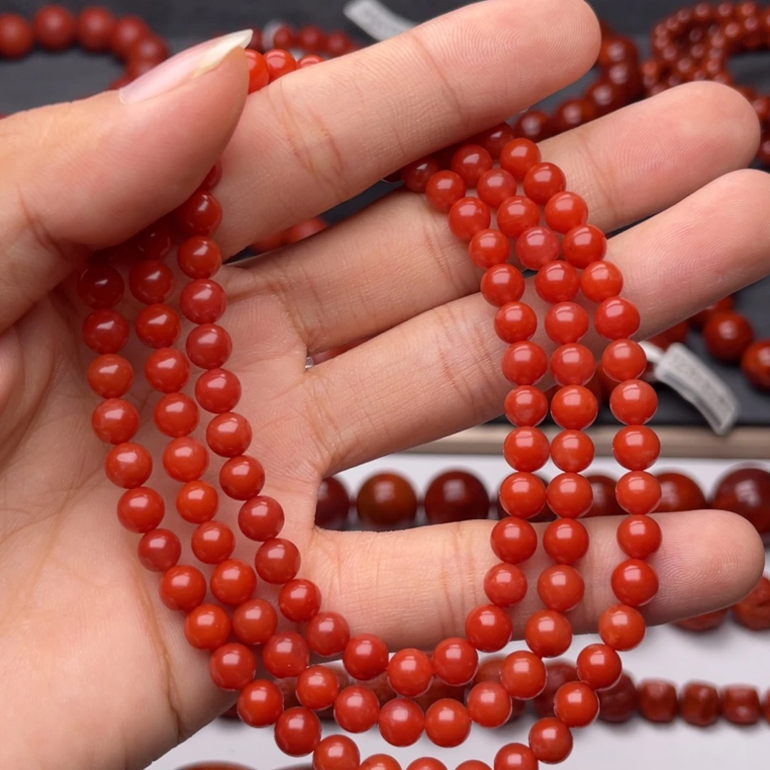 南红玛瑙未镶嵌手串H6mm顶品收藏保山滴水洞满红满天柿子红长链