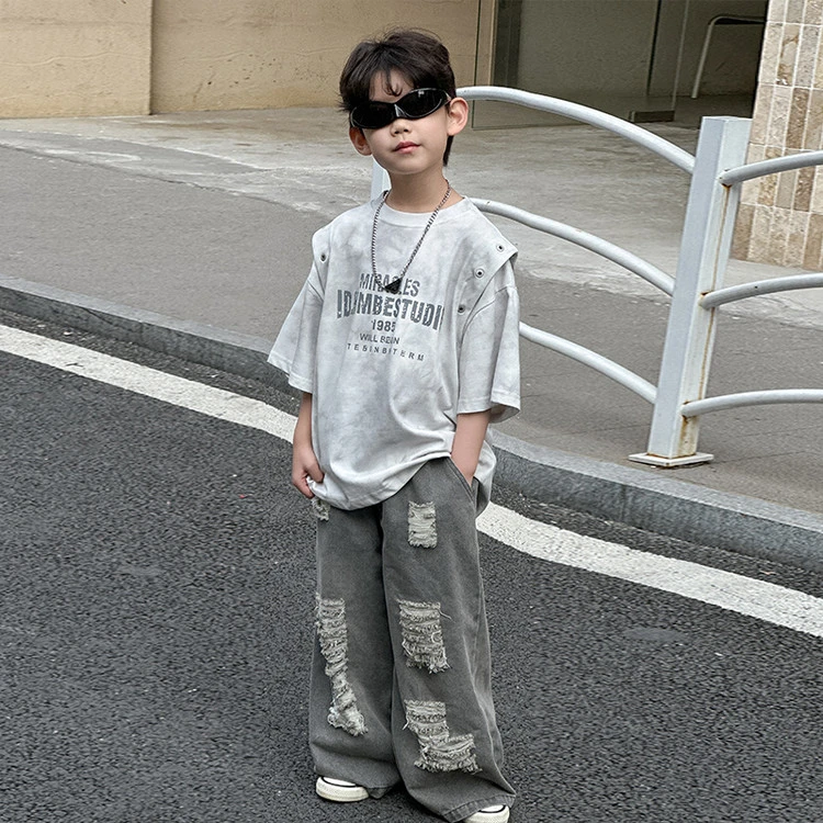 HY2540-男童字母T恤2025夏季新款韩版圆领上衣中小童潮流短袖潮