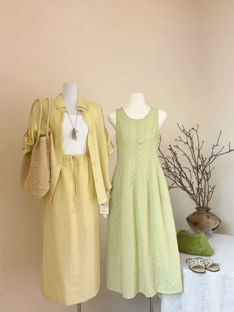 【BayaLi】2025夏季新品自制蜜瓜绿掐腰显瘦连衣裙