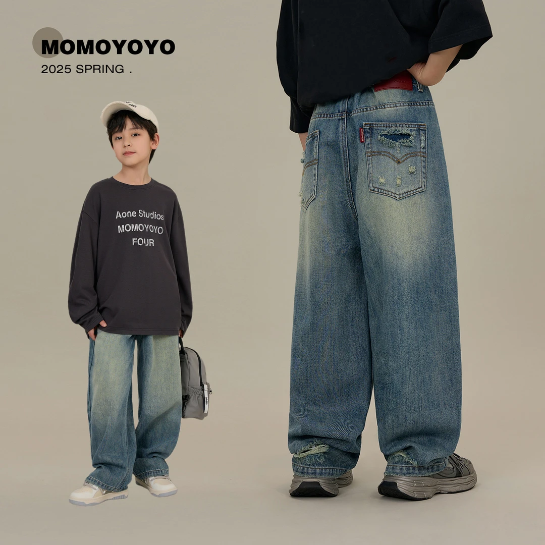 辰辰妈【1980】儿童破洞做旧洗水牛仔裤男女童春装老爹裤7547D