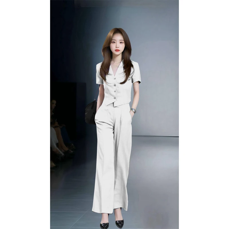 2123+3188一整套时尚韩系白色气质上衣长裤两件套女又a又飒氛围感