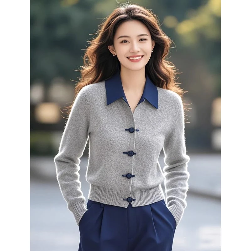 香朵儿国风盘扣拼接针织衫2025春秋季新款女款气质服装新中式上衣