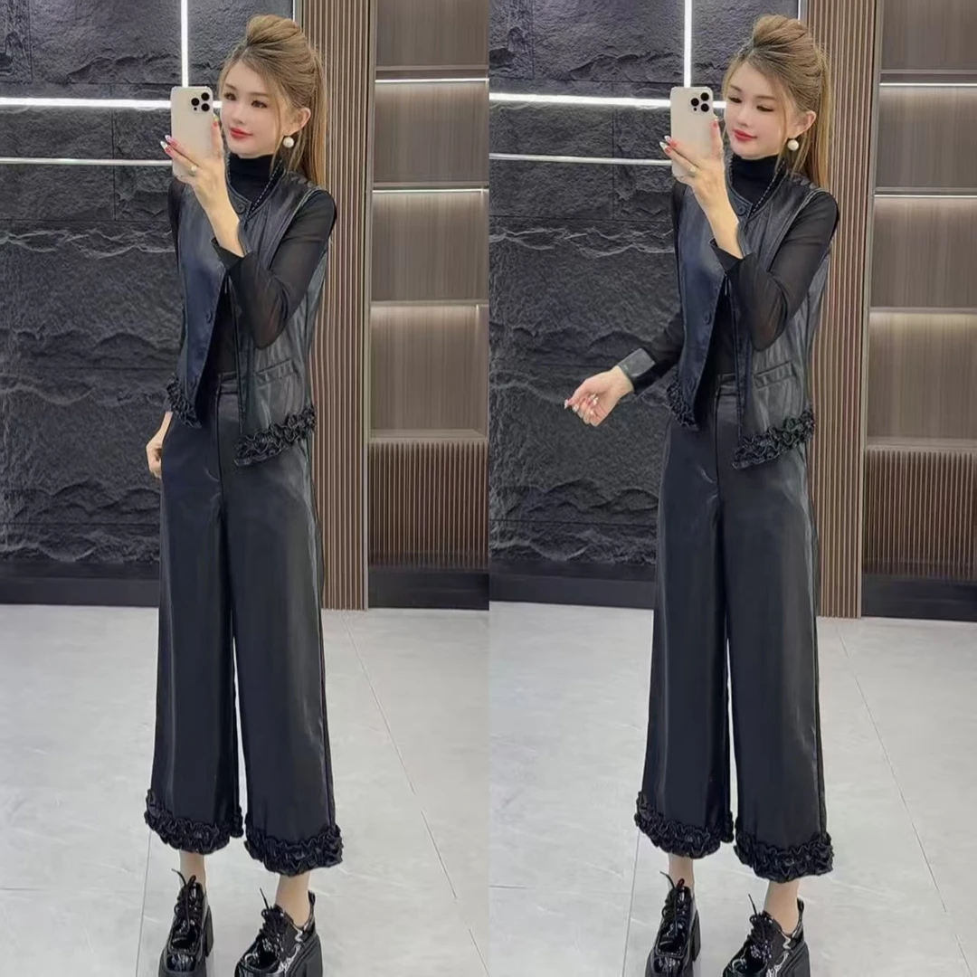 秋款0818 气质辣妹风砍袖上衣 加 网纱打底衫 加 九分裤 三件套