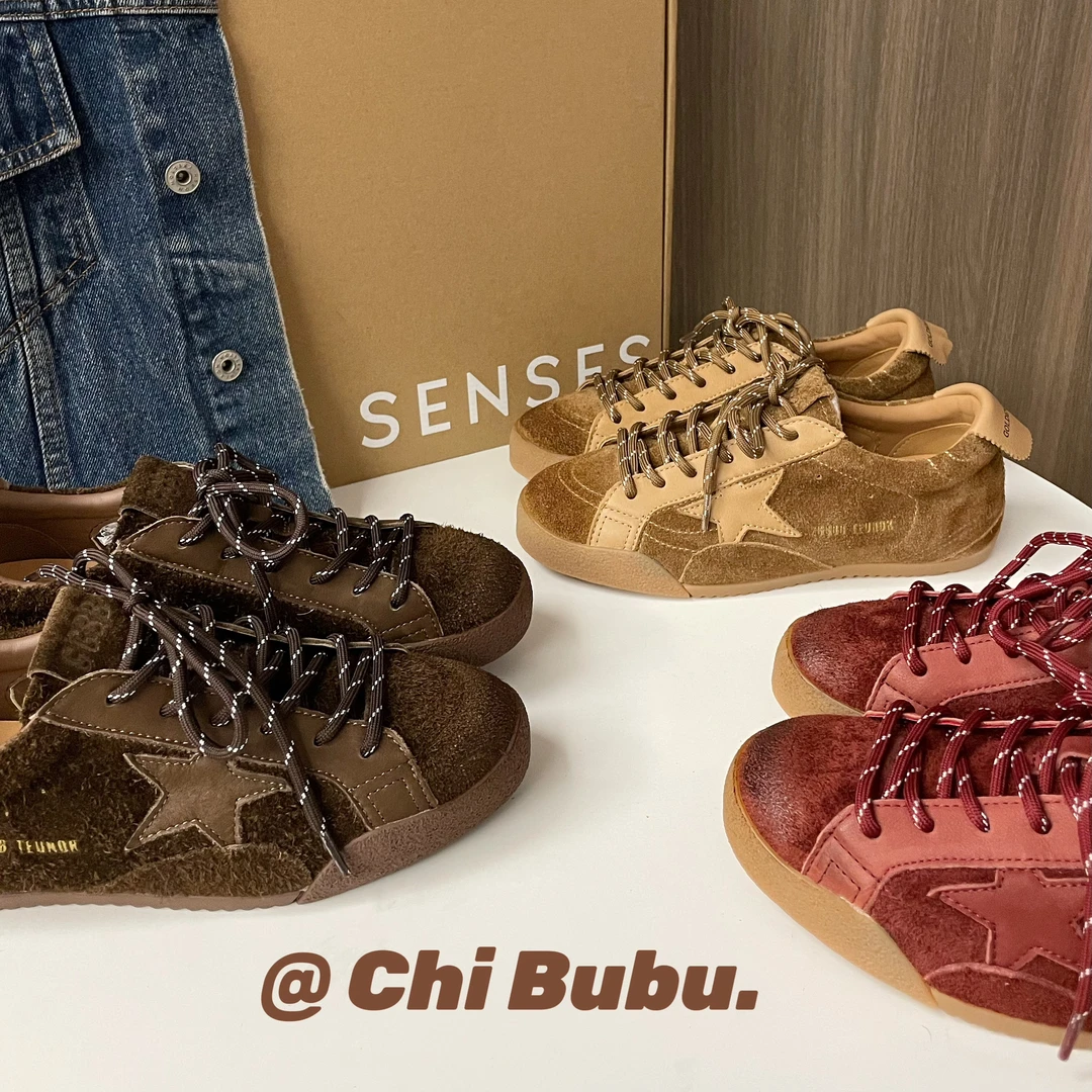 CHIBUBU复古做旧擦色百搭秋季星星鞋德训做旧头层牛皮低帮板鞋